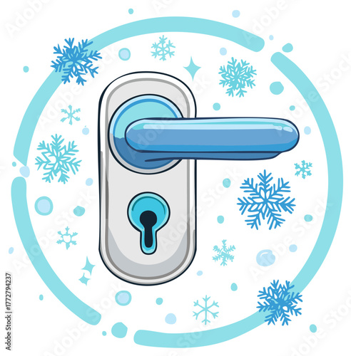 Frozen door handle and lock cartoon illustration with winter snowflakes and ice concept