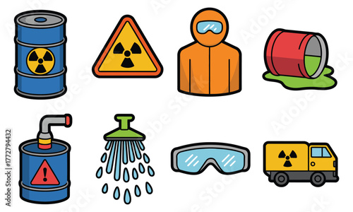Hazardous material safety icons collection featuring chemical barrel, warning symbols, protective gear, neutralization tank, spill containment, safety goggles, and emergency shower equipment