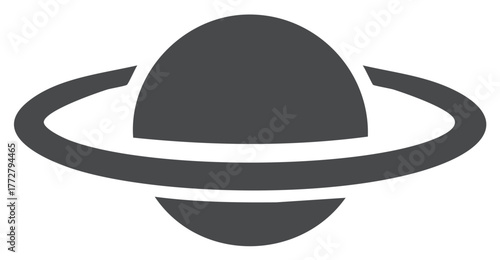 A minimalist glyph icon of a planet with a ring system representing space astronomy and the solar system