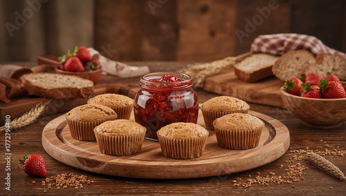 Tray of muffins with strawb...