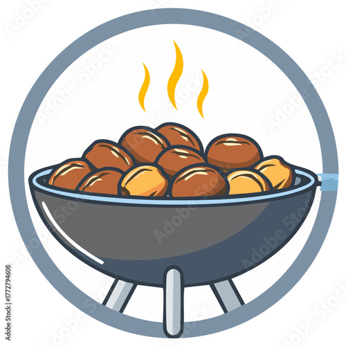Vibrant illustration of barbecue grill filled with hot meatballs for summer cookout
