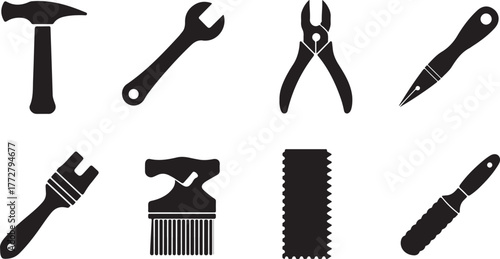 Collection of Eight Distinct Black Silhouettes Representing Essential Hand Tools and Hardware Components for DIY Projects and Manual Labor