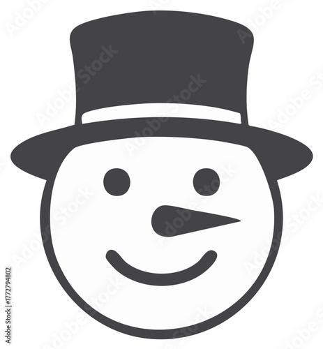 Smiling snowman head icon with classic top hat for winter holiday and Christmas season design