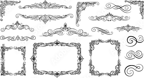 Calligraphic dividers. Decorative retro page divider borders, wedding calligraphic frame and ornamental swirls floral frames. Elegant royal ornamentation vintage vector isolated icons set