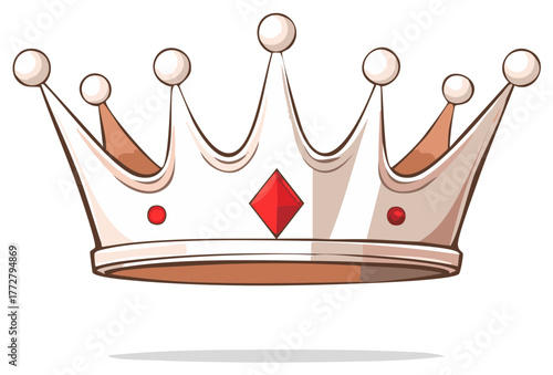 Cartoon style white crown with red gems, a symbol of royalty, power, and authority