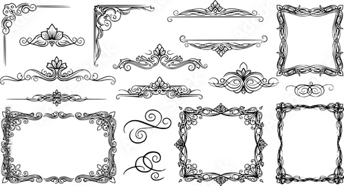 Calligraphic dividers. Decorative retro page divider borders, wedding calligraphic frame and ornamental swirls floral frames. Elegant royal ornamentation vintage vector isolated icons set