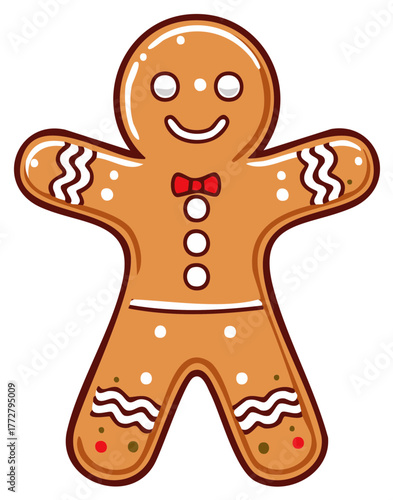 Gingerbread Man Holiday Cookie with Bow Tie and Candy Ornament Decorations Vector Design Element