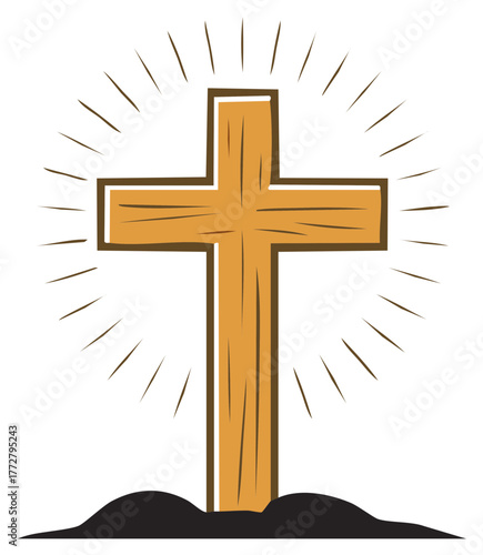 Wooden Cross with Glowing Rays Symbol on the Ground of Faith and Religion, Simple Illustration