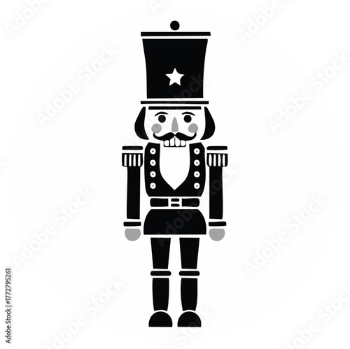 Graphic monochrome nutcracker figure in parade uniform with star motif hat and handlebar mustache