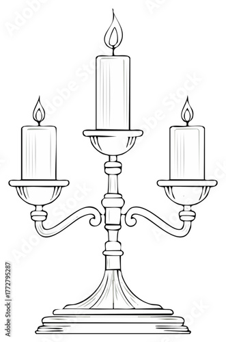 Detailed illustration of a three-candle candelabra with burning flames.