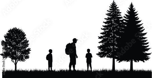Silhouette family hiking in nature, outdoor adventure with children, forest trees and grass landscape, backpack travelers exploring wilderness, eco tourism, 
