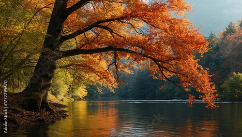 Fototapeta Naklejka Na Ścianę i Meble -  Riverbank with a tree standing beside it