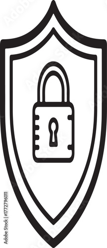 Cyber security shield icon with padlock silhouette symbol. Data protection, privacy lock emblem, antivirus firewall defense, secure login authentication guard vector illustration