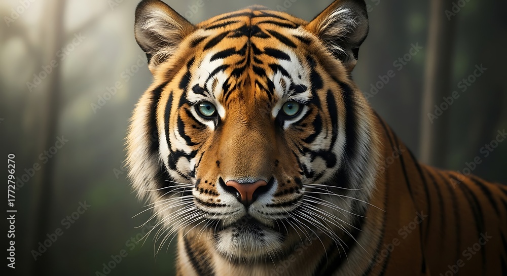 Fototapeta premium A close up portrait of a tiger with striking blue eyes looking directly at the viewer in a forest setting