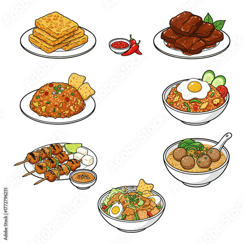 A collection of cute 2D cartoon vector icons featuring popular Indonesian foods such as satay, fried rice, meatball soup, gado-gado, and rendang. Perfect for menus, apps, stickers, and educational des