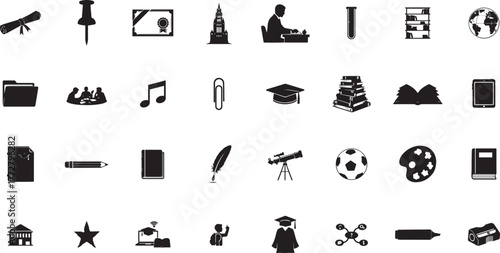 Education and Learning silhouette line icons set. Education, School, Learning editable vector icons. 