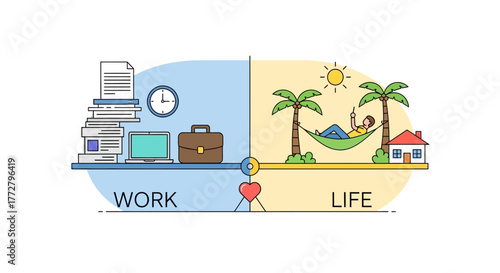 Conceptual illustration of work-life balance, contrasting professional demands with personal relaxation and well-being, symbolizing harmony and healthy choices