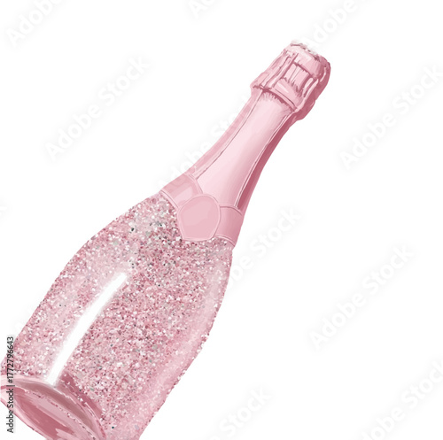 Pink sparkling wine bottle with a shimmering glitter texture and characteristic foil closure, creating a celebratory and luxurious imagery for holidays, anniversaries, and special events