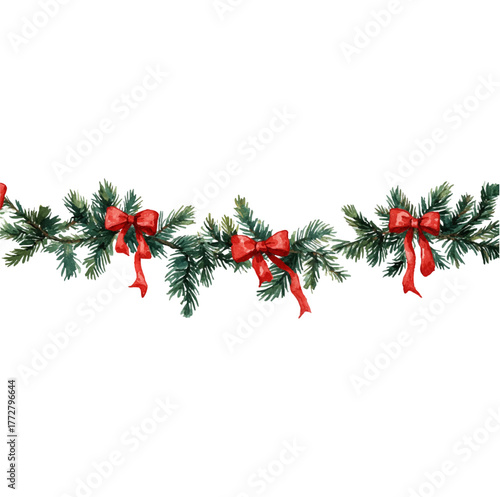 Festive watercolor christmas garland displaying green spruce branches adorned with bright red ribbons. Creating a cheerful decorative border for holiday designs. Presented on a transparent background