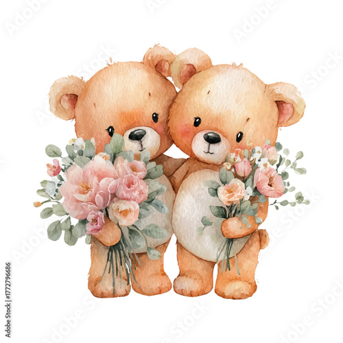 Two watercolor teddy bears embracing and standing side by side, each holding delicate pink and peach bouquets, symbolizing love, tenderness, and lasting friendship on transparent background