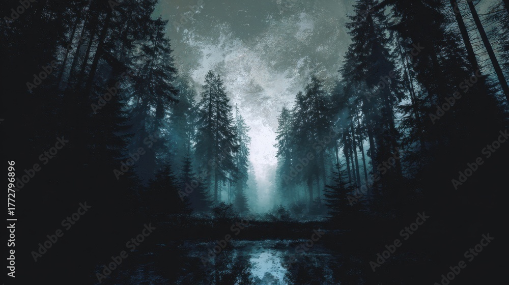 Obraz premium Tall trees tower over a serene foggy landscape creating an enchanting atmosphere that captivates.