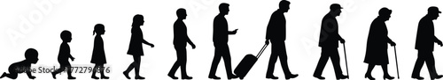 Human life cycle silhouettes, baby to elderly, aging process, growth stages, family generations, people evolution, childhood to adulthood, senior lifestyle, travel, work, retirement, timeline