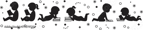 Children reading silhouette, kids writing vector, student study clipart set, education design art, learning activity graphic, childhood literacy illustration