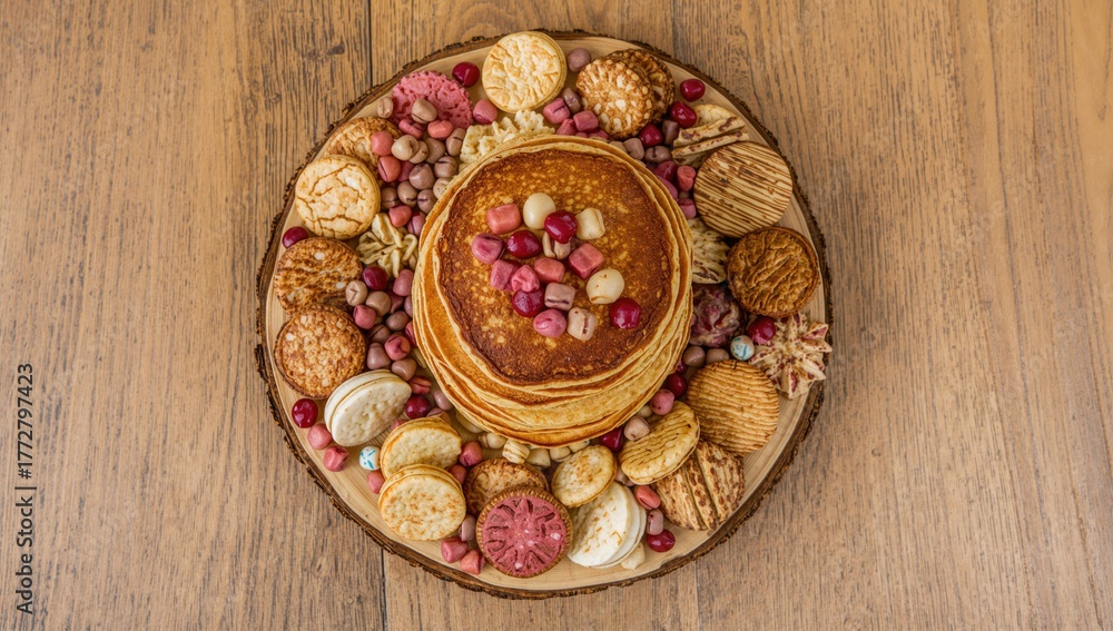 Fototapeta premium Overhead view of pancakes served on a rustic wooden board alongside cookies and sweets