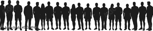 Silhouette group of diverse people standing together, unity teamwork concept, community diversity illustration, human crowd line art, abstract society figures, collective identity representation
