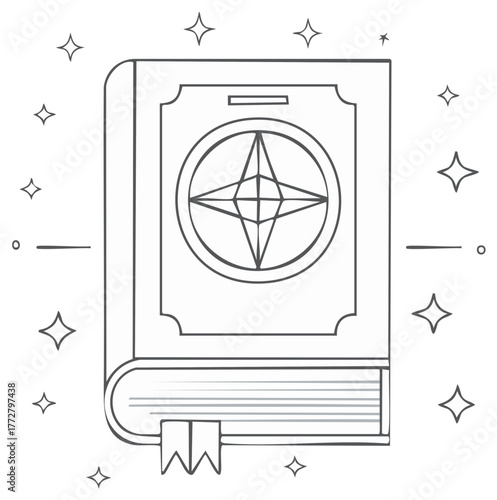 Magic Spellbook with Mystical Symbol and Sparkles Outline Illustration