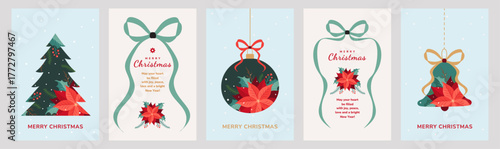 Festive Merry Christmas card set featuring hand-drawn Christmas trees, poinsettias, holly berries, jingle bells, toys, bows, and ribbons—ideal artistic templates for holiday posters, covers, banners.