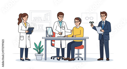 Healthcare Professionals Performing an Eye Exam, Providing Expert Vision Care and Support in a Contemporary Clinic Setting