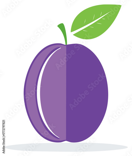 Stylized Purple Plum with Green Leaf Illustrative Design for Food and Agriculture