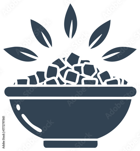 Stylized illustration of a bowl filled with abstract cube shapes and emanating leaves