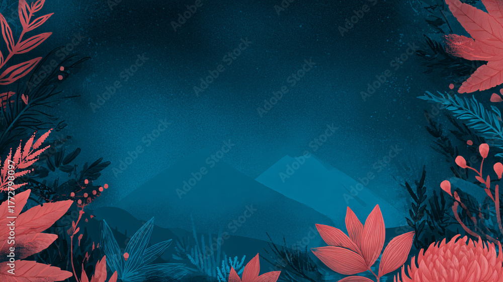 Naklejka premium Night forest illustration with glowing mountains and vibrant leaves border