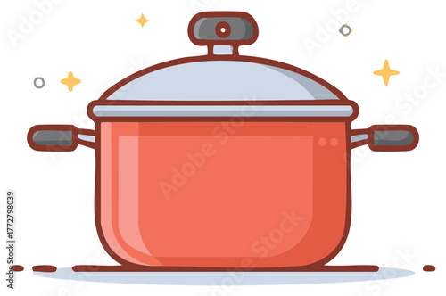 Cartoon Cooking Pot Vector Illustration with Lid Handle and Shine Marks Kitchen Equipment