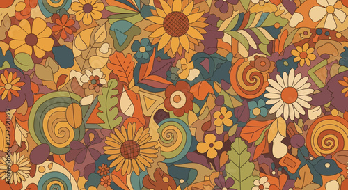 A vibrant, colorful pattern featuring stylized flowers, leaves, and swirls in a retro, psychedelic style.