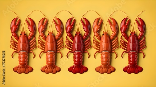 Five Red Lobsters in a Row on Yellow Background – Seafood Concept, Marine Life, Coastal Art, Minimal Food Design