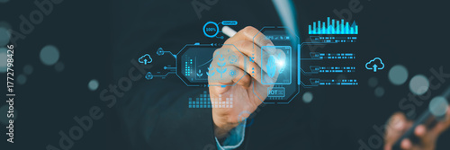 Papier peint Businessman using digital IoT farming dashboard with cloud analytics, GPS tracking, AI crop data interface, representing innovation in precision agriculture, smart farming, and agritech automation