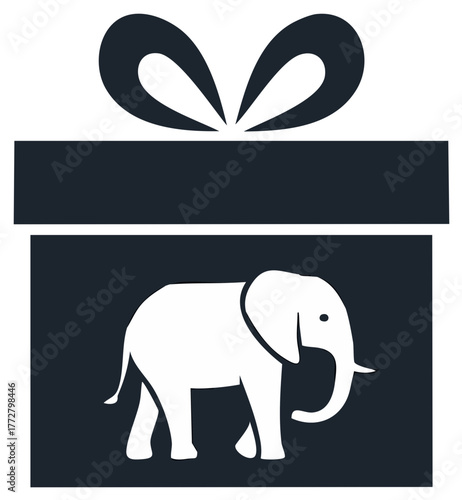 Stylized white elephant inside a dark blue gift box with ribbon graphic