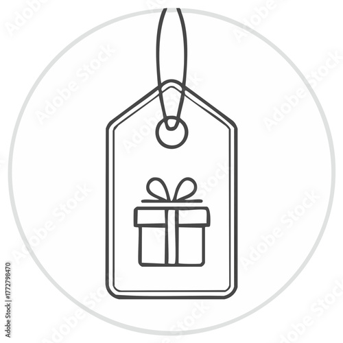 Illustration of a gift box icon on a hanging price tag with a circular background