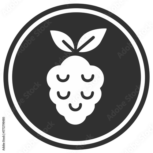 Stylized bramble fruit graphic icon on a black and white circular badge with leaves