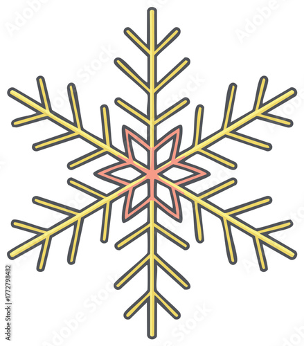 Simple Six-Pointed Snowflake with Pastel Coloring, Winter Holiday Season Decorative Element or Ornament, Detailed Icon