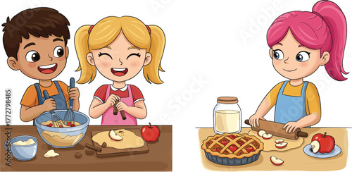 Cartoon children baking, apple pie preparation, cooking fun, kitchen teamwork, rolling dough, whisking ingredients, smiling kids, flour, milk, festive food