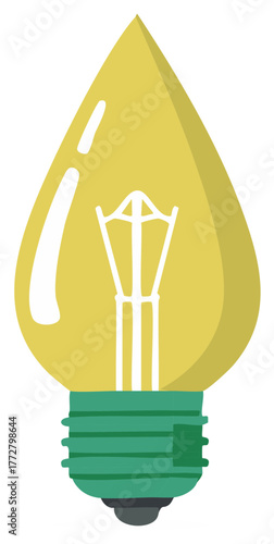 Cartoon-style lightbulb illustration with yellow glass, green base and internal filament.