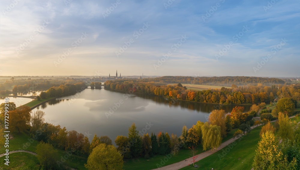 Fototapeta premium Minnewater lake view in Bruges, Belgium, seasonal change