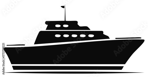 Silhouette of a cruise ship with windows, flag and chimney. Maritime transportation.