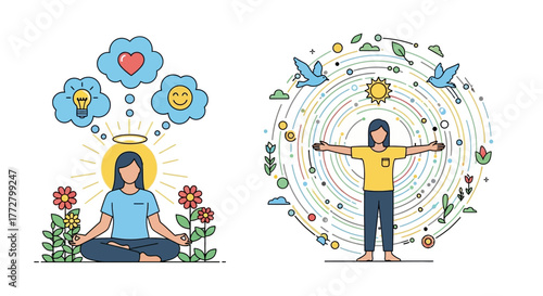 Mental wellness and holistic balance concept illustrations, showing meditation for positive thoughts and harmony with nature