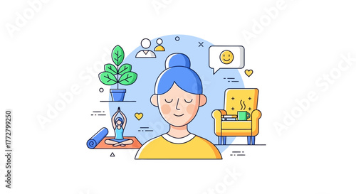 Concept illustration of a woman practicing mindfulness and self-care for mental wellness and a balanced lifestyle