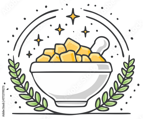 Herbal medicine mortar and pestle with natural ingredients and magical sparkling stars surrounded by laurel wreath